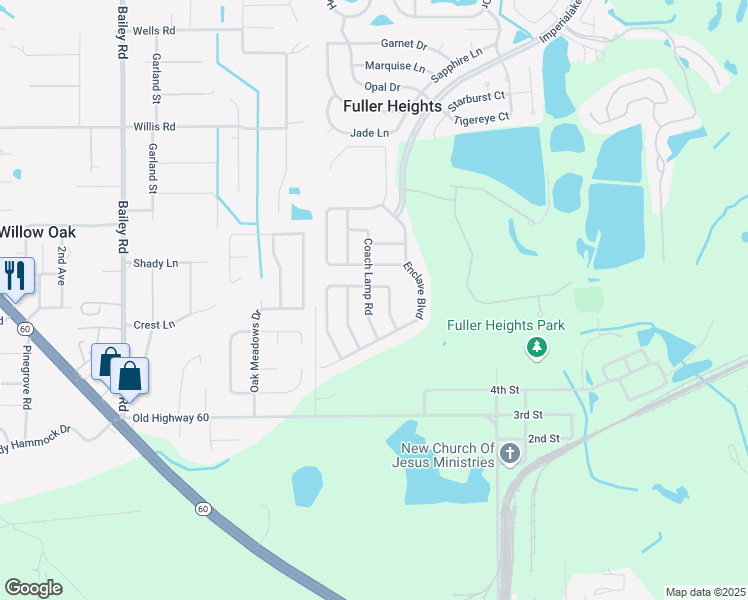 map of restaurants, bars, coffee shops, grocery stores, and more near 2933 Coach Lamp Road in Mulberry