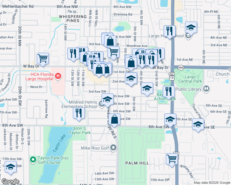 map of restaurants, bars, coffee shops, grocery stores, and more near 357 Ridge Road Southwest in Largo