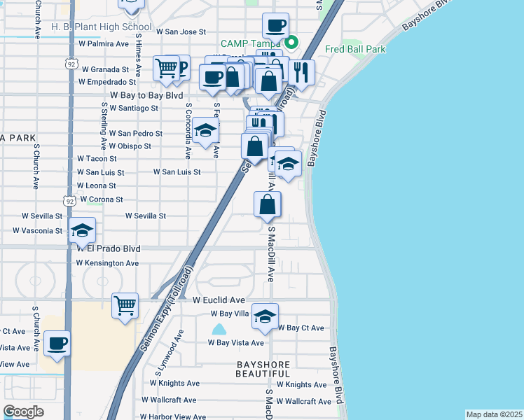 map of restaurants, bars, coffee shops, grocery stores, and more near 3103 North Julia Circle in Tampa