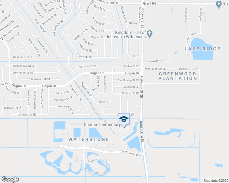 map of restaurants, bars, coffee shops, grocery stores, and more near 1609 Whiting Street Southeast in Palm Bay