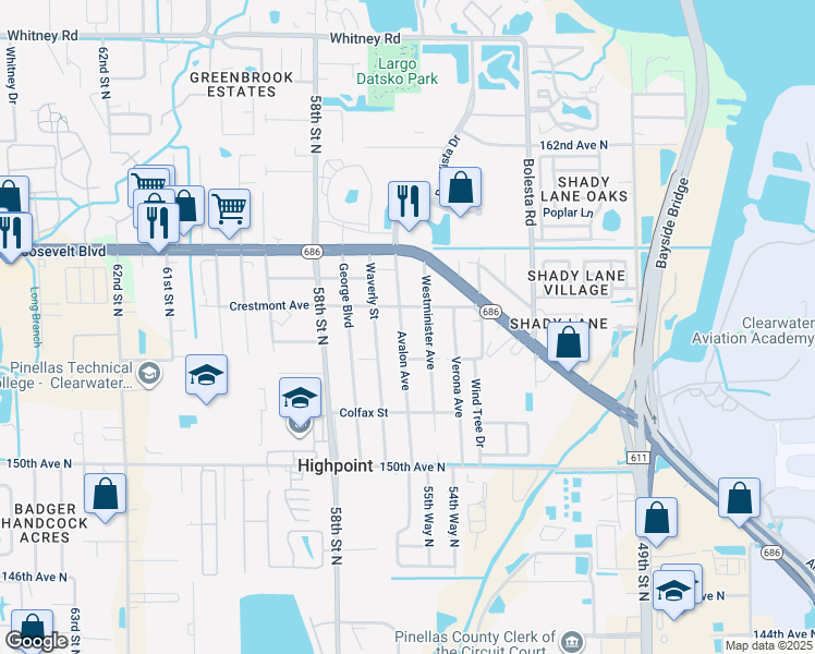 map of restaurants, bars, coffee shops, grocery stores, and more near 15531 Avalon Avenue in Clearwater