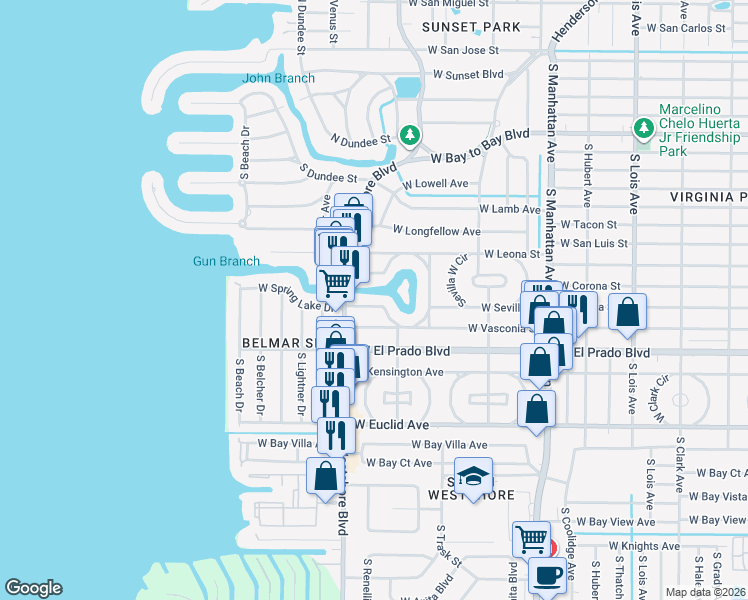 map of restaurants, bars, coffee shops, grocery stores, and more near 4713 West Cherokee Road in Tampa