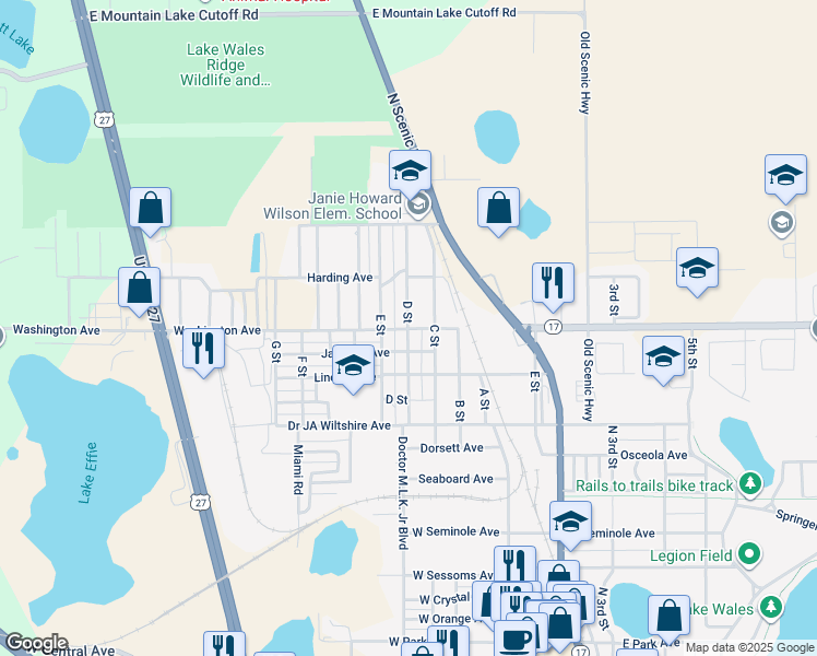 map of restaurants, bars, coffee shops, grocery stores, and more near 398 Washington Avenue in Lake Wales
