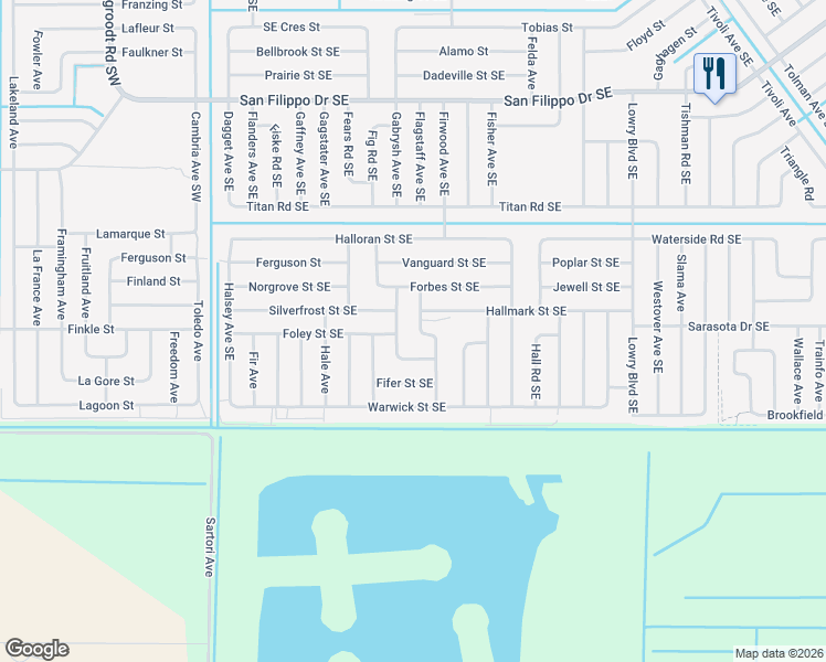map of restaurants, bars, coffee shops, grocery stores, and more near 3186 Halblum Avenue Southeast in Palm Bay