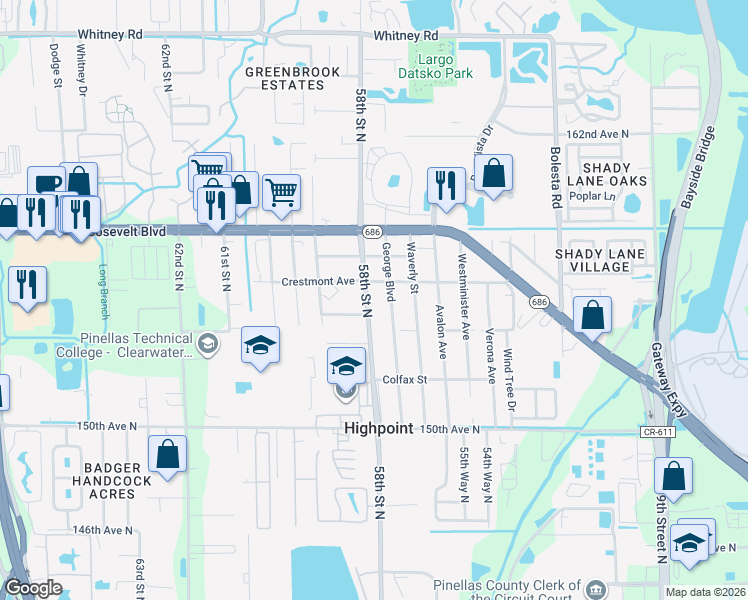 map of restaurants, bars, coffee shops, grocery stores, and more near 15521 58th Street North in Clearwater
