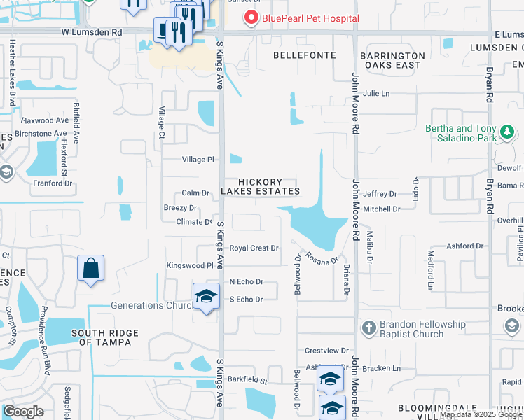 map of restaurants, bars, coffee shops, grocery stores, and more near 607 Vintage Way in Brandon