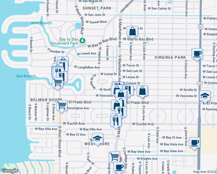 map of restaurants, bars, coffee shops, grocery stores, and more near 3319 Sevilla East Circle in Tampa