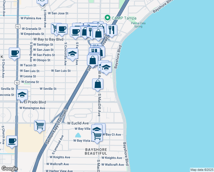 map of restaurants, bars, coffee shops, grocery stores, and more near 3325 Bayshore Boulevard in Tampa