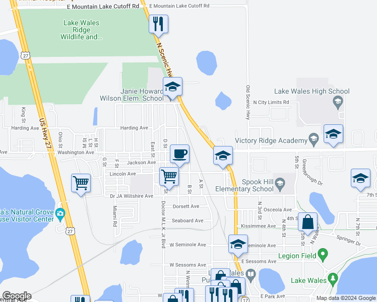 map of restaurants, bars, coffee shops, grocery stores, and more near 200 Washington Avenue in Lake Wales
