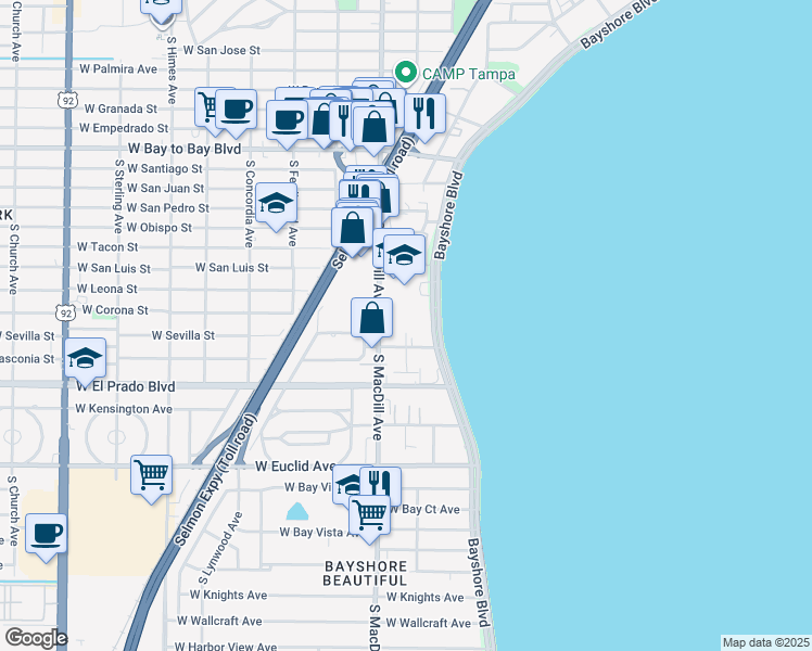 map of restaurants, bars, coffee shops, grocery stores, and more near 3325 Bayshore Boulevard in Tampa