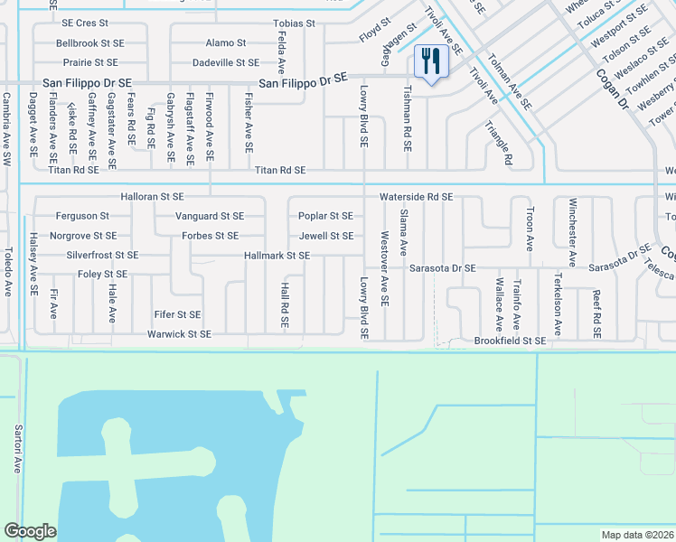 map of restaurants, bars, coffee shops, grocery stores, and more near 3212 Hainlin Avenue Southeast in Palm Bay