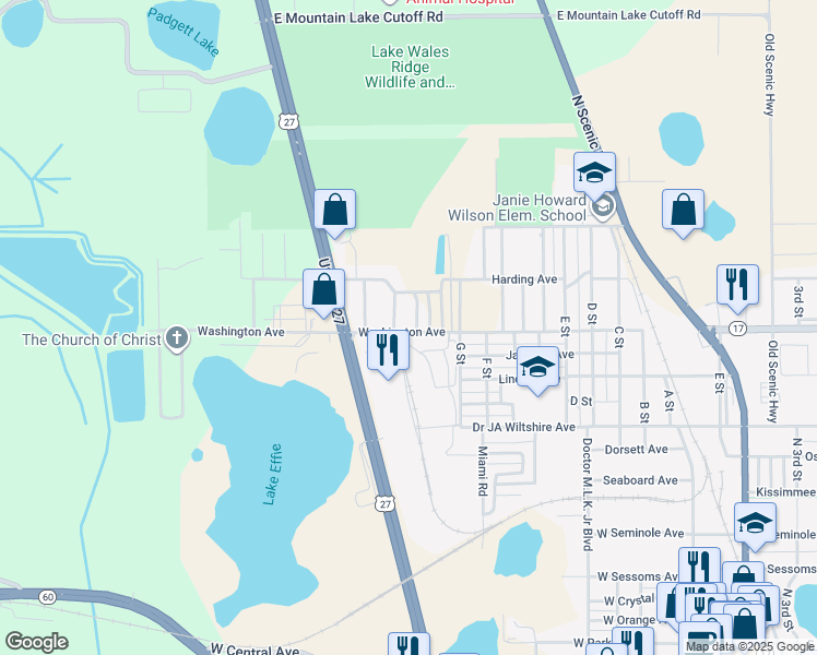 map of restaurants, bars, coffee shops, grocery stores, and more near 1017 Washington Avenue in Lake Wales