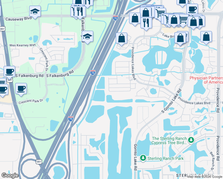 map of restaurants, bars, coffee shops, grocery stores, and more near 1625 Acadia Harbor Place in Brandon