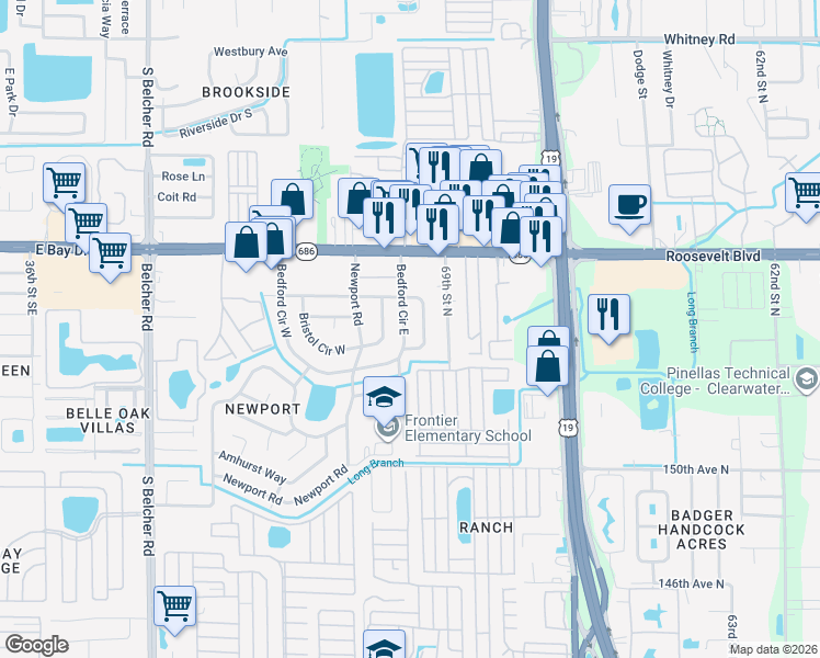map of restaurants, bars, coffee shops, grocery stores, and more near 15525 Bedford Circle East in Clearwater
