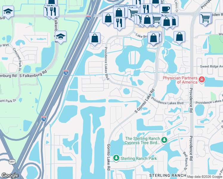 map of restaurants, bars, coffee shops, grocery stores, and more near 2637 Oleander Lakes Drive in Brandon