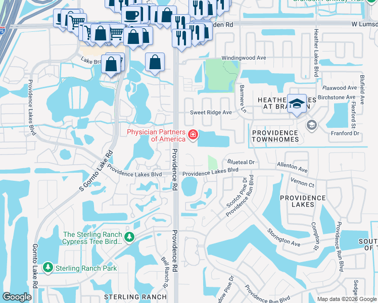 map of restaurants, bars, coffee shops, grocery stores, and more near 1408 Woodstork Drive in Brandon