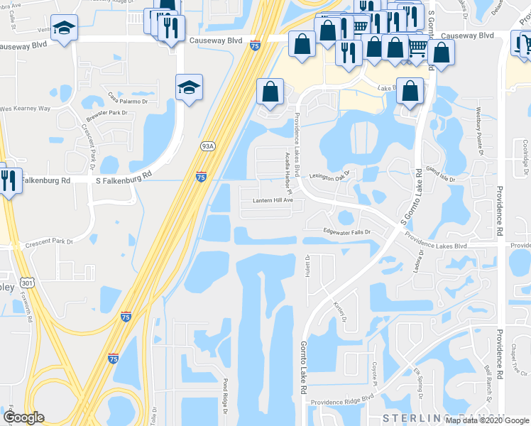 map of restaurants, bars, coffee shops, grocery stores, and more near 1601 Acadia Harbor Place in Brandon