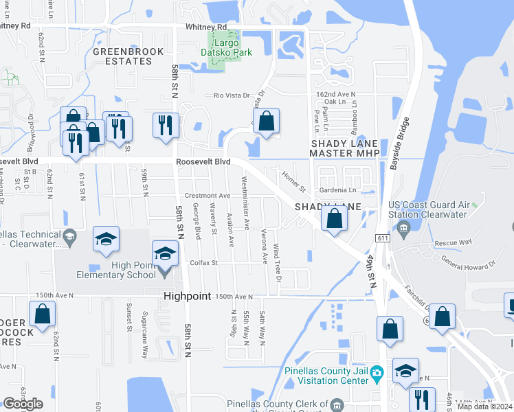 map of restaurants, bars, coffee shops, grocery stores, and more near 15542 Verona Avenue in Clearwater