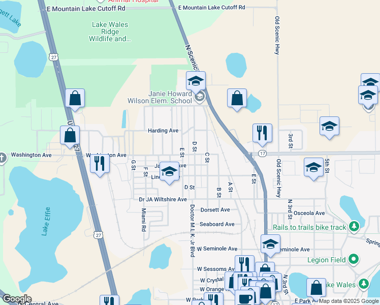 map of restaurants, bars, coffee shops, grocery stores, and more near 405 Washington Avenue in Lake Wales