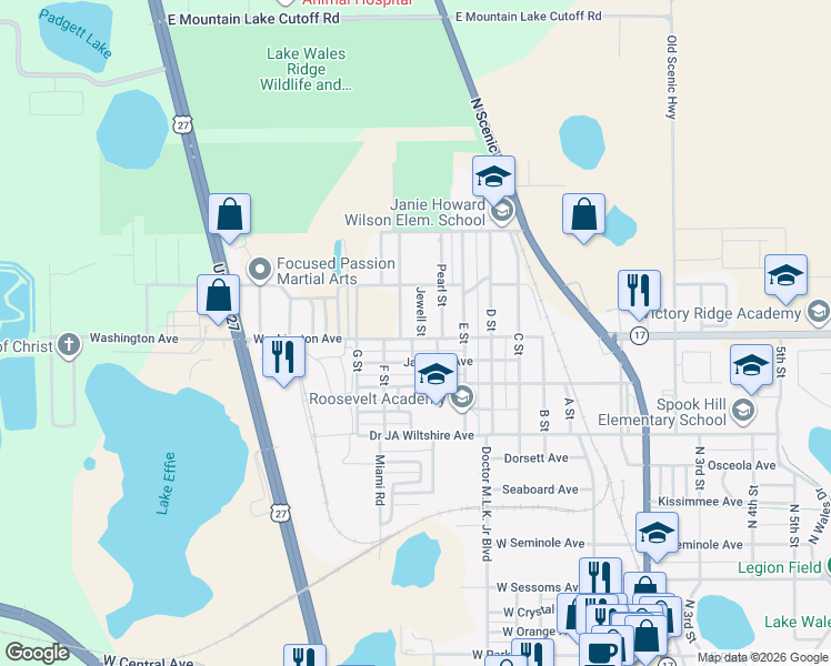map of restaurants, bars, coffee shops, grocery stores, and more near 57 F Street in Lake Wales