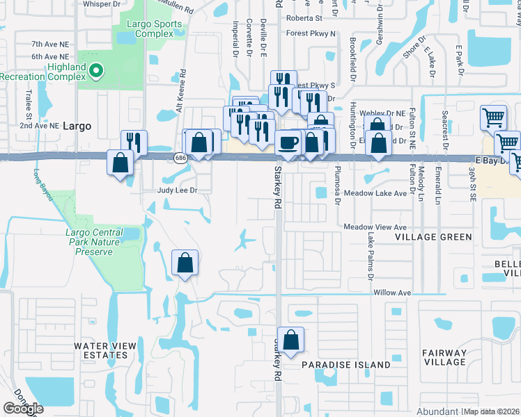 map of restaurants, bars, coffee shops, grocery stores, and more near 600 Starkey Road in Largo