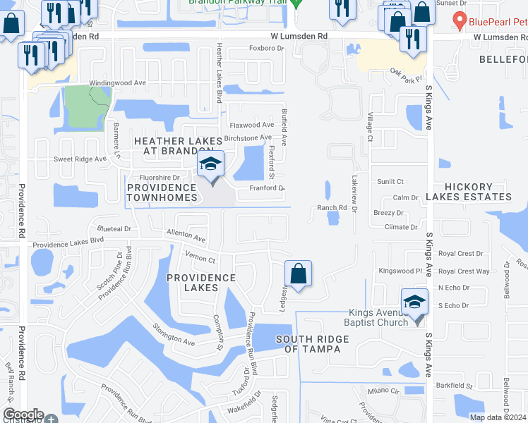 map of restaurants, bars, coffee shops, grocery stores, and more near 1346 Hatcher Loop Drive in Brandon