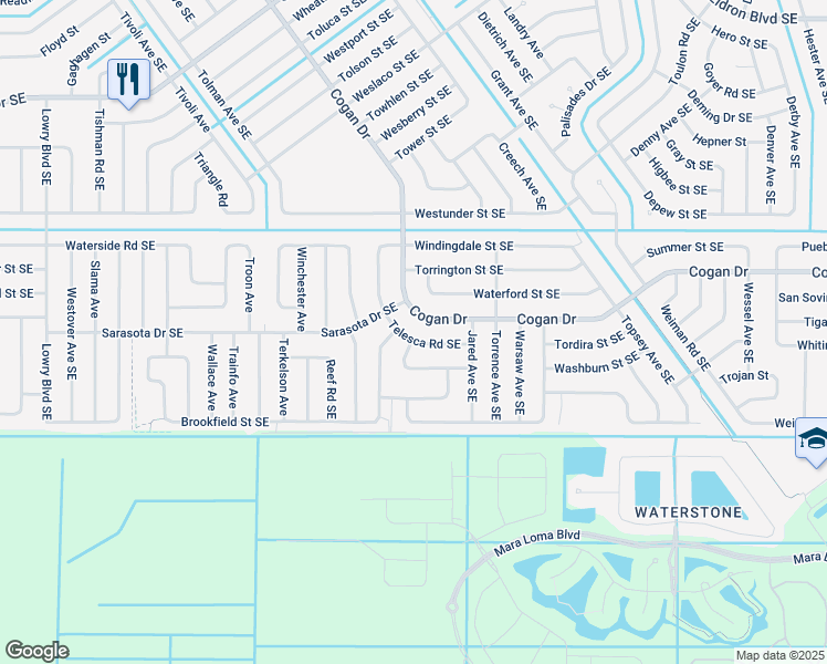 map of restaurants, bars, coffee shops, grocery stores, and more near 3239 Telesca Road Southeast in Palm Bay