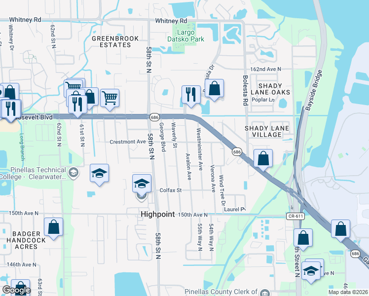 map of restaurants, bars, coffee shops, grocery stores, and more near 15531 Avalon Avenue in Clearwater