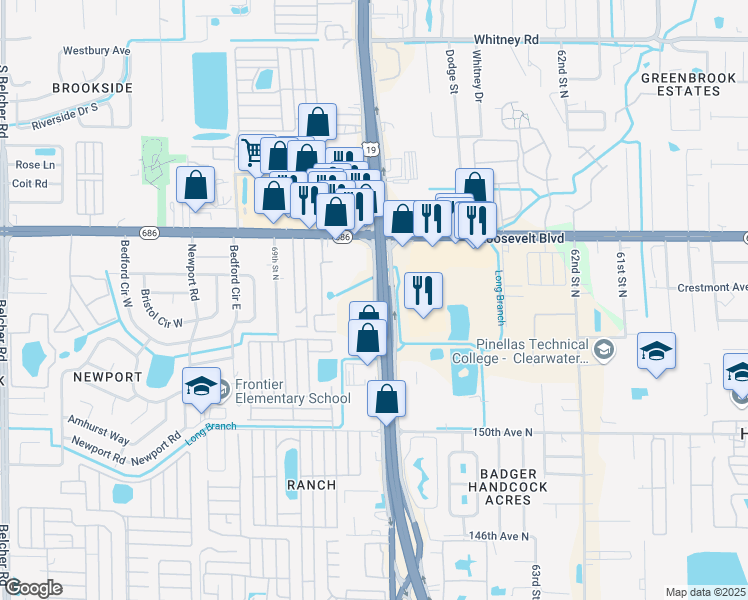 map of restaurants, bars, coffee shops, grocery stores, and more near US Highway 19 North in Clearwater