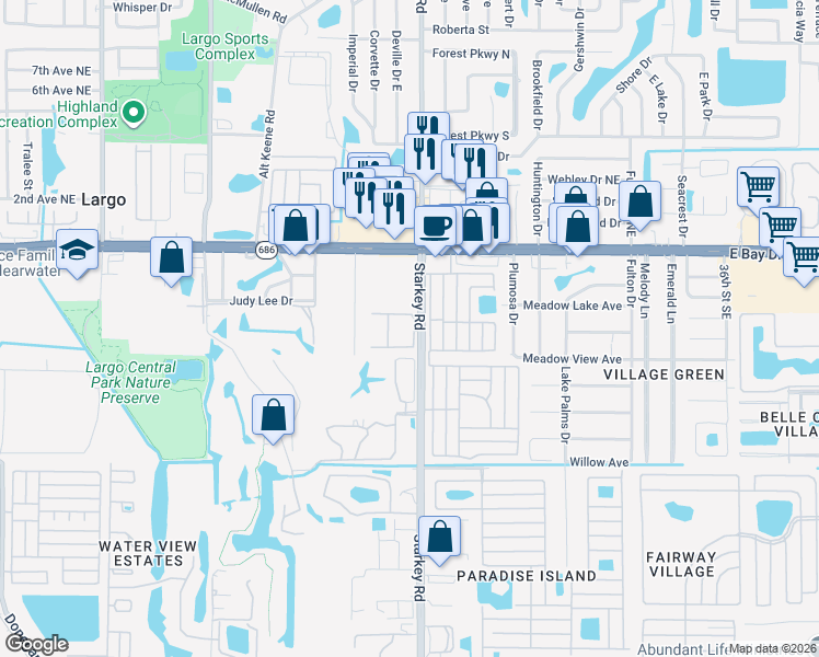 map of restaurants, bars, coffee shops, grocery stores, and more near 598 Starkey Road in Largo