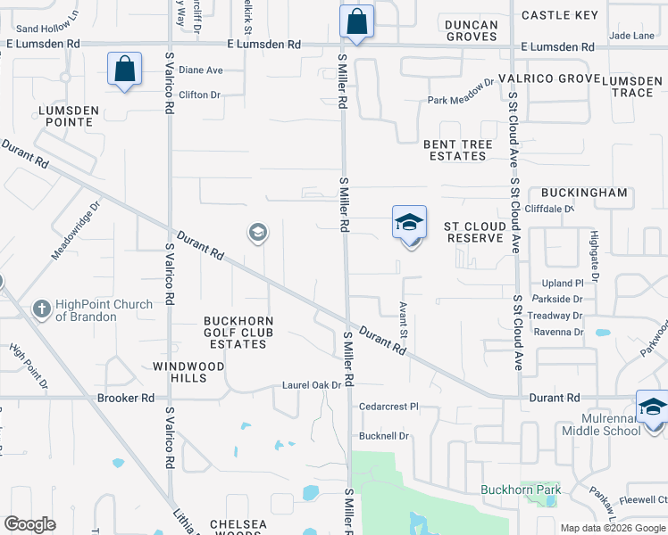 map of restaurants, bars, coffee shops, grocery stores, and more near 1706 South Miller Road in Valrico