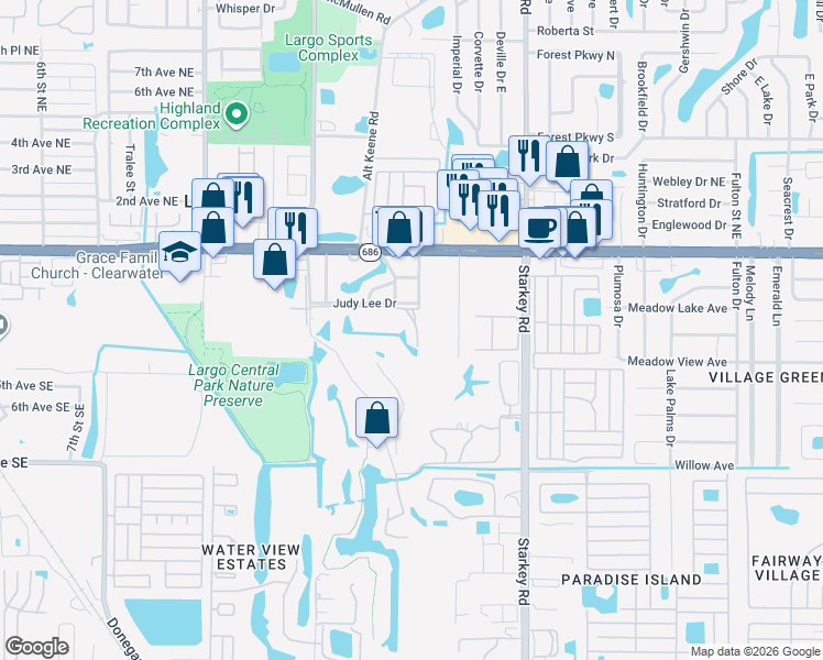 map of restaurants, bars, coffee shops, grocery stores, and more near in Largo