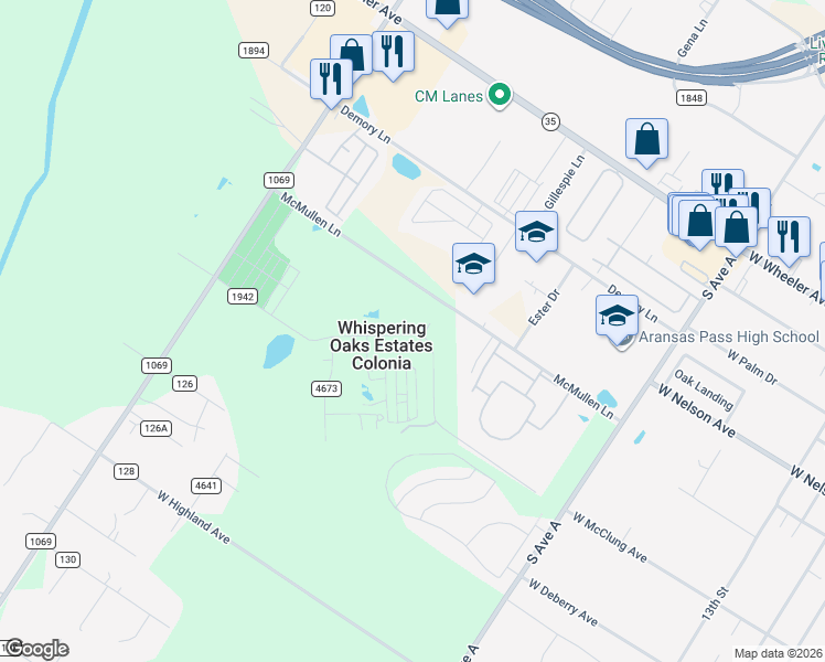 map of restaurants, bars, coffee shops, grocery stores, and more near 427 Third Street in Aransas Pass