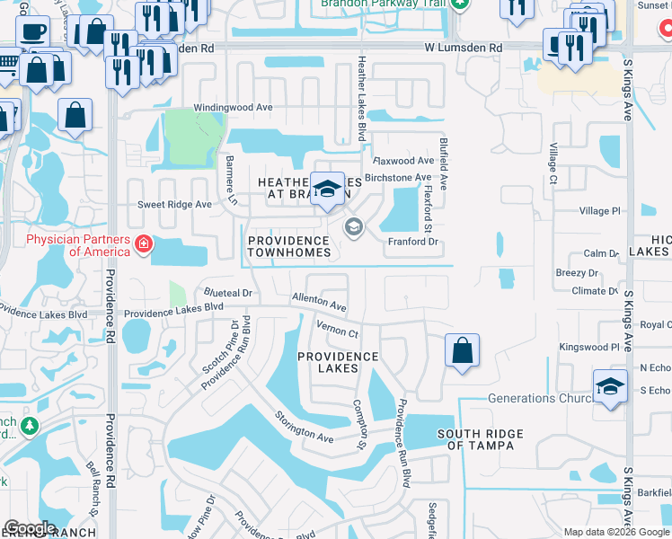 map of restaurants, bars, coffee shops, grocery stores, and more near 1434 Tiverton Drive in Brandon