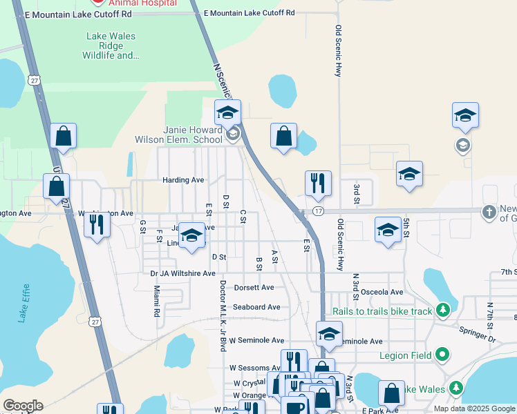 map of restaurants, bars, coffee shops, grocery stores, and more near 200 Washington Avenue in Lake Wales