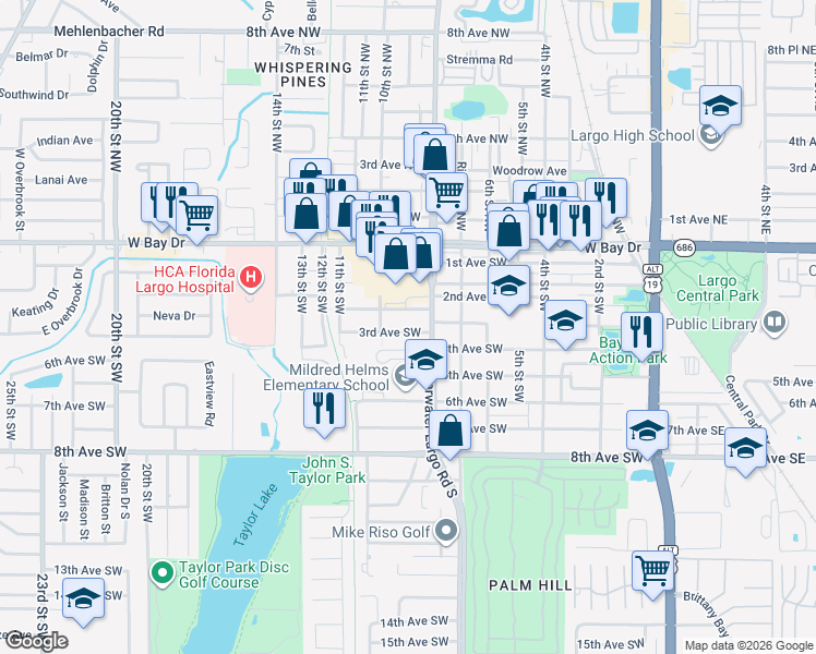 map of restaurants, bars, coffee shops, grocery stores, and more near 815 3rd Avenue Southwest in Largo