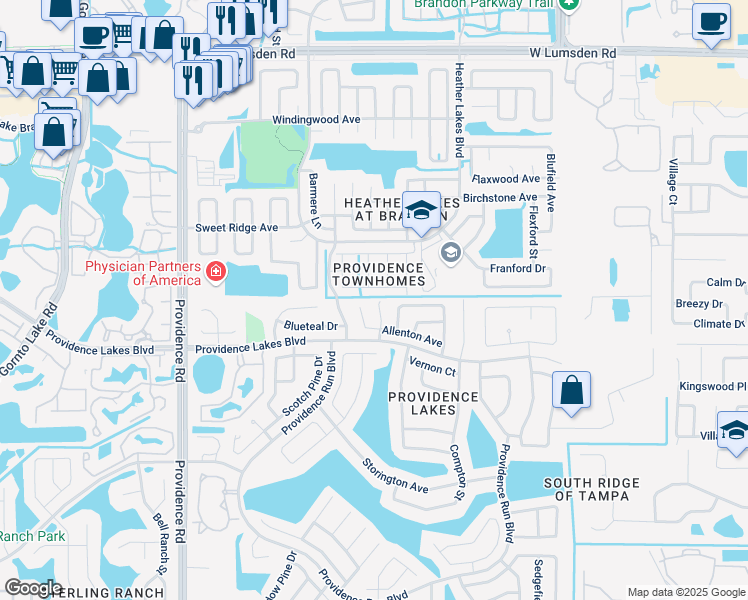 map of restaurants, bars, coffee shops, grocery stores, and more near 1620 Allentown Avenue in Brandon