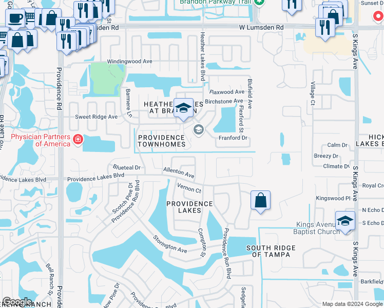 map of restaurants, bars, coffee shops, grocery stores, and more near 1431 Tiverton Drive in Brandon