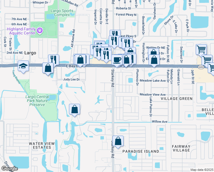 map of restaurants, bars, coffee shops, grocery stores, and more near 600 Starkey Road in Largo