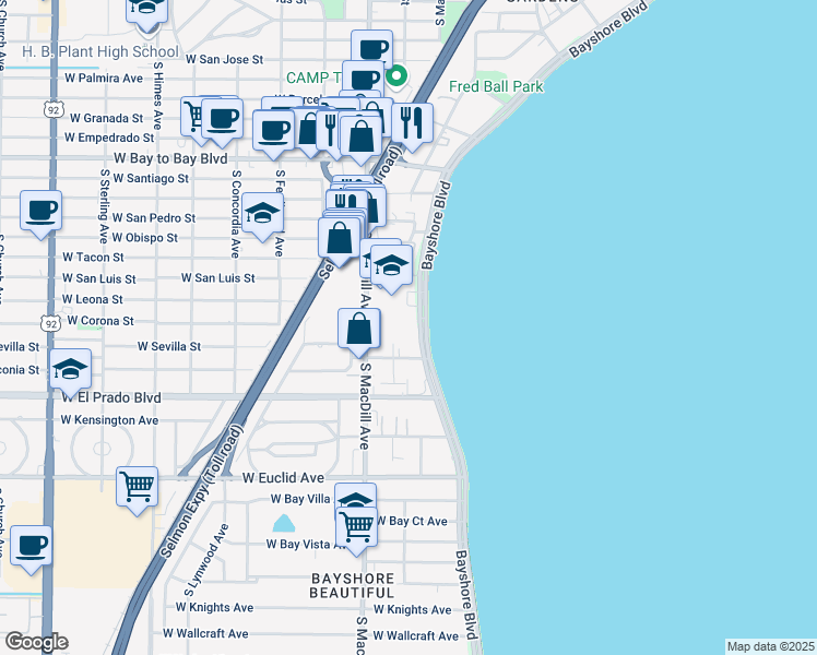 map of restaurants, bars, coffee shops, grocery stores, and more near 3325 Bayshore Boulevard in Tampa