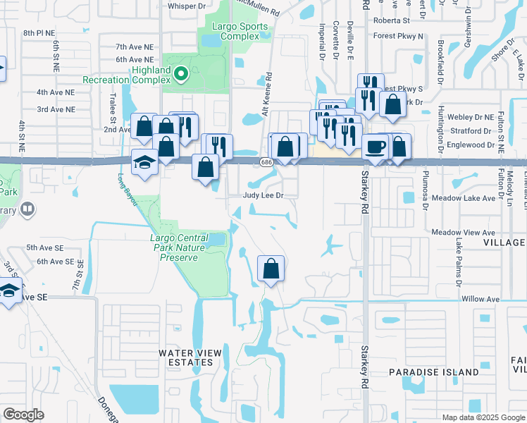 map of restaurants, bars, coffee shops, grocery stores, and more near 73 Countryclub Drive in Largo