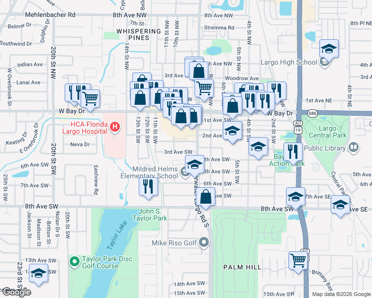 map of restaurants, bars, coffee shops, grocery stores, and more near 815 3rd Avenue Southwest in Largo