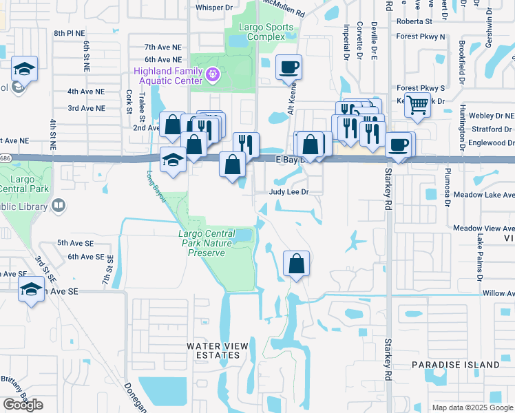 map of restaurants, bars, coffee shops, grocery stores, and more near 211 Countryclub Drive in Largo