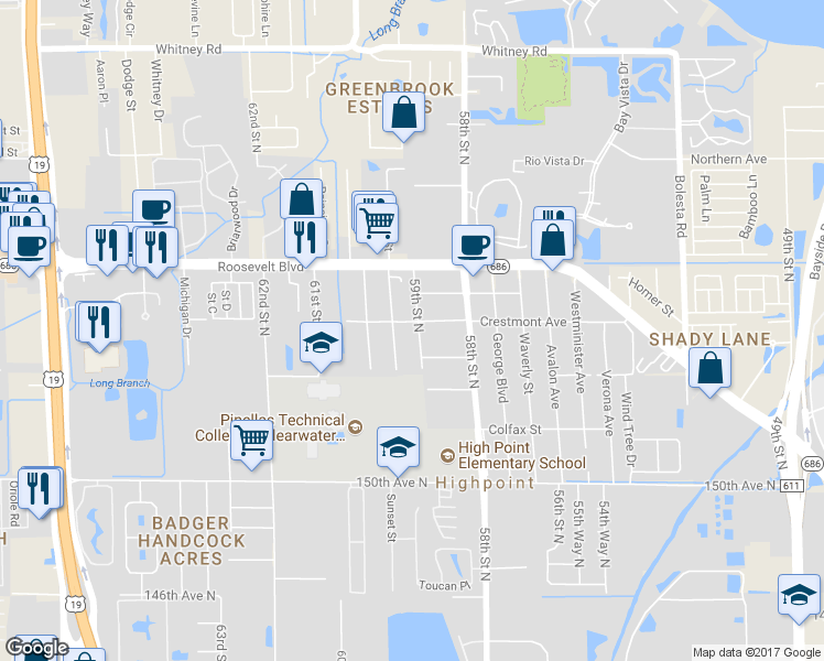 map of restaurants, bars, coffee shops, grocery stores, and more near 15503 Morgan Street in Clearwater