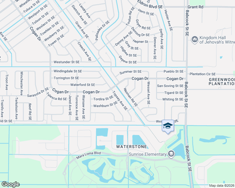 map of restaurants, bars, coffee shops, grocery stores, and more near 3195 Topsey Avenue Southeast in Palm Bay
