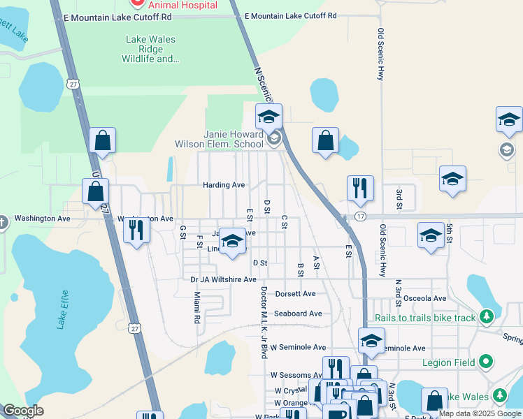 map of restaurants, bars, coffee shops, grocery stores, and more near 405 Washington Avenue in Lake Wales