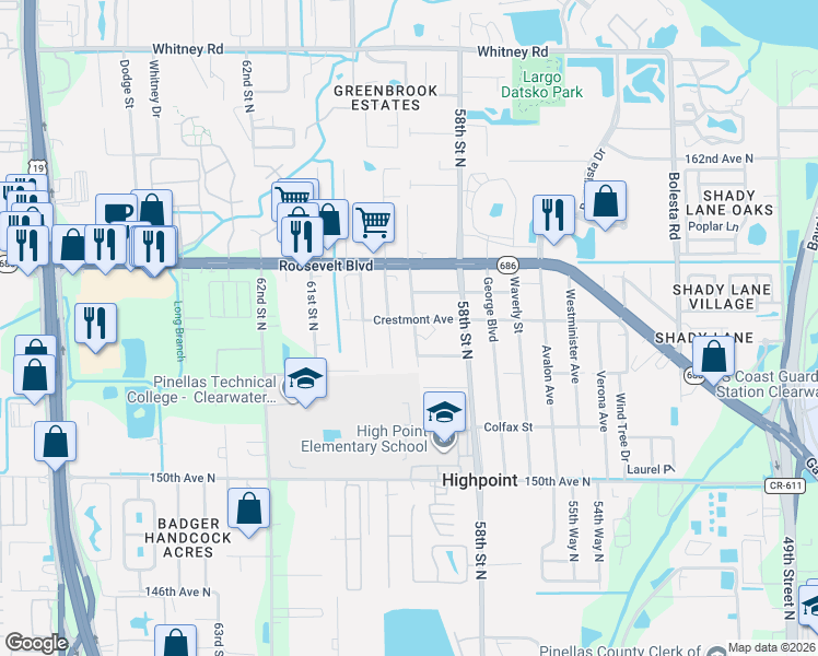 map of restaurants, bars, coffee shops, grocery stores, and more near 15503 Morgan Street in Clearwater