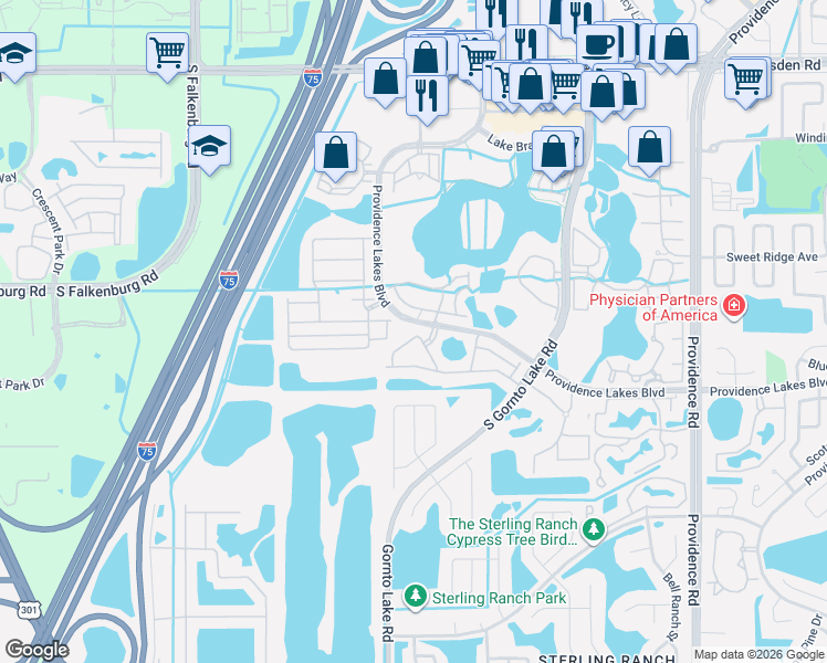 map of restaurants, bars, coffee shops, grocery stores, and more near 2613 Oleander Lakes Drive in Brandon