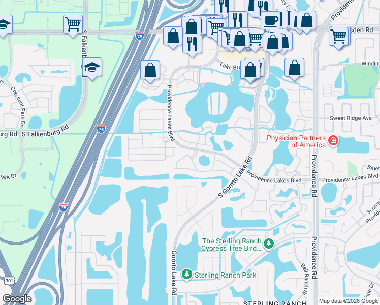 map of restaurants, bars, coffee shops, grocery stores, and more near 2525 Oleander Lakes Drive in Brandon