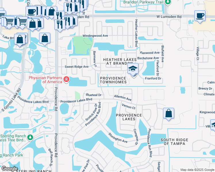 map of restaurants, bars, coffee shops, grocery stores, and more near 1620 Allentown Avenue in Brandon